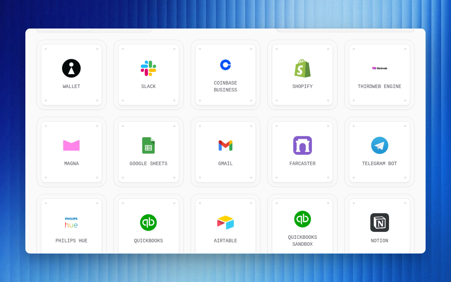 B3OS integration gallery showing available apps and providers