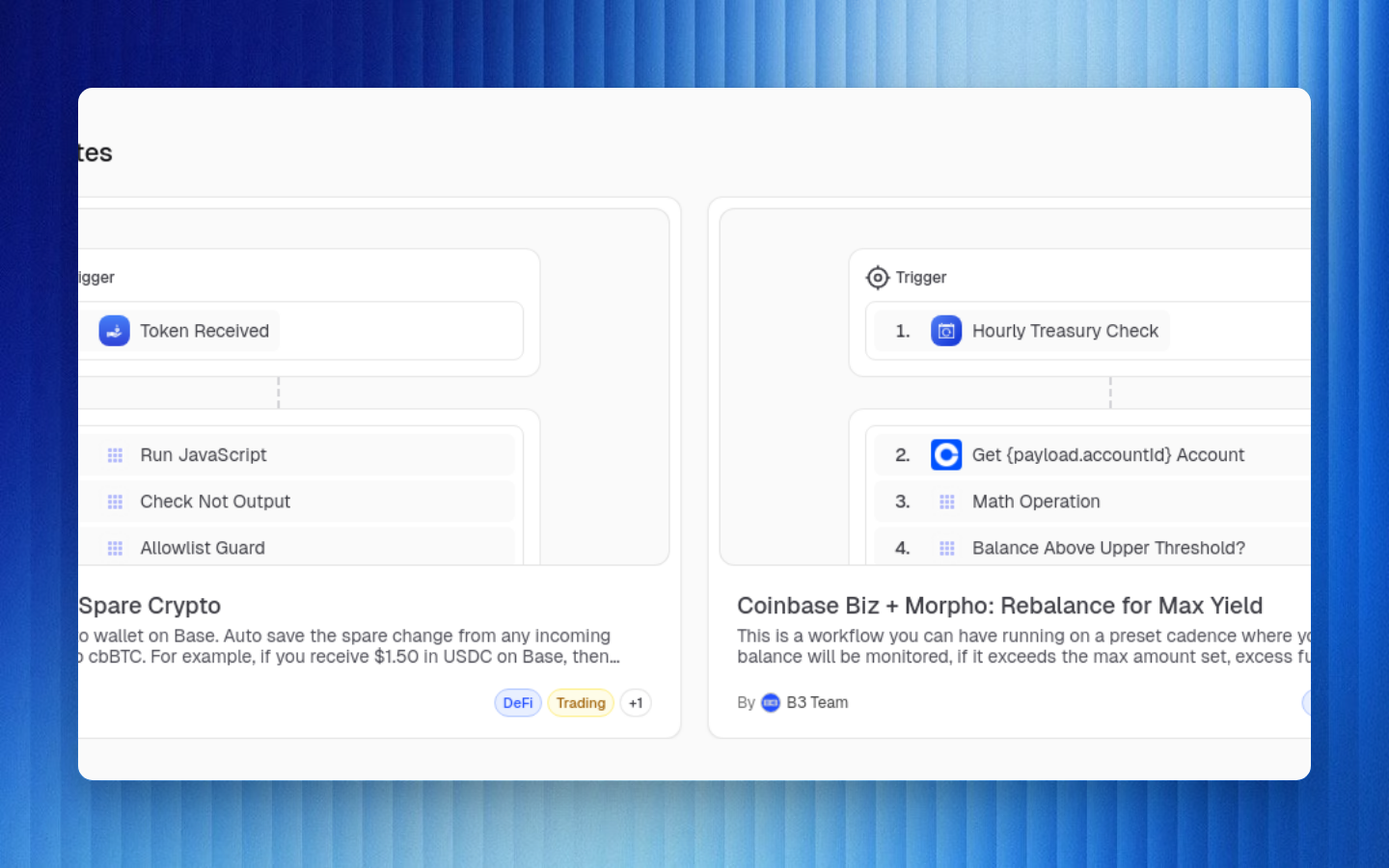 B3OS featured template carousel showing reusable workflow templates