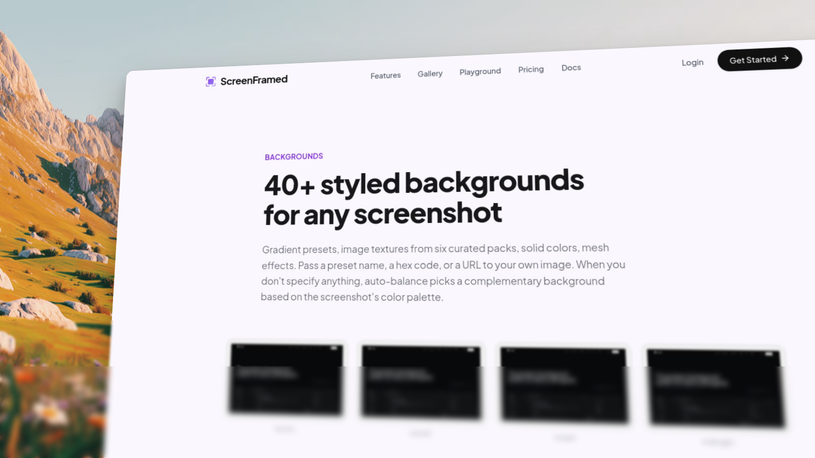 ScreenFramed backgrounds page rendered with a hero preset