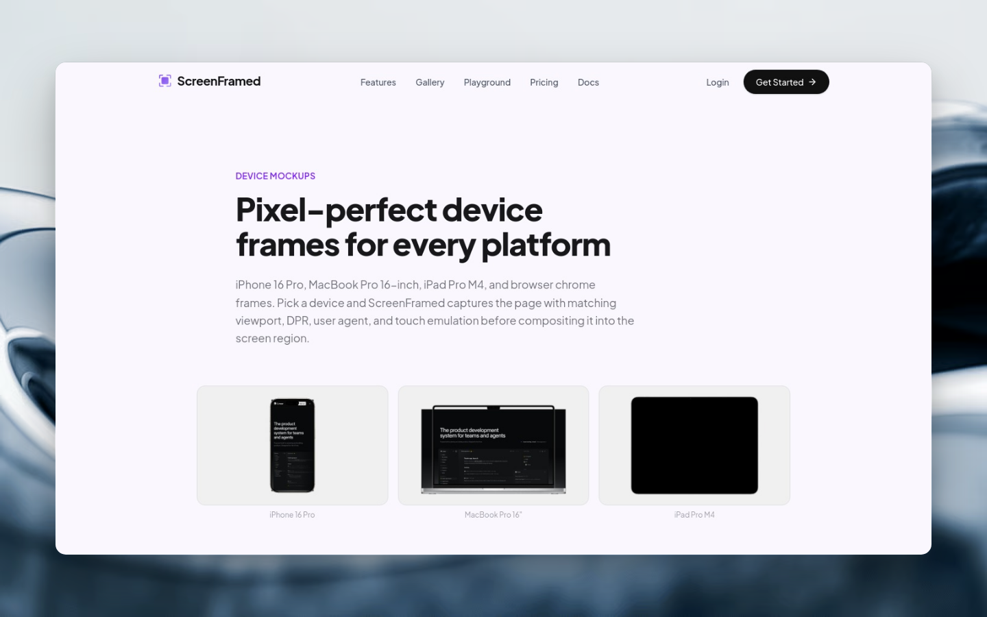 Device mockups page captured with a floating shadow
