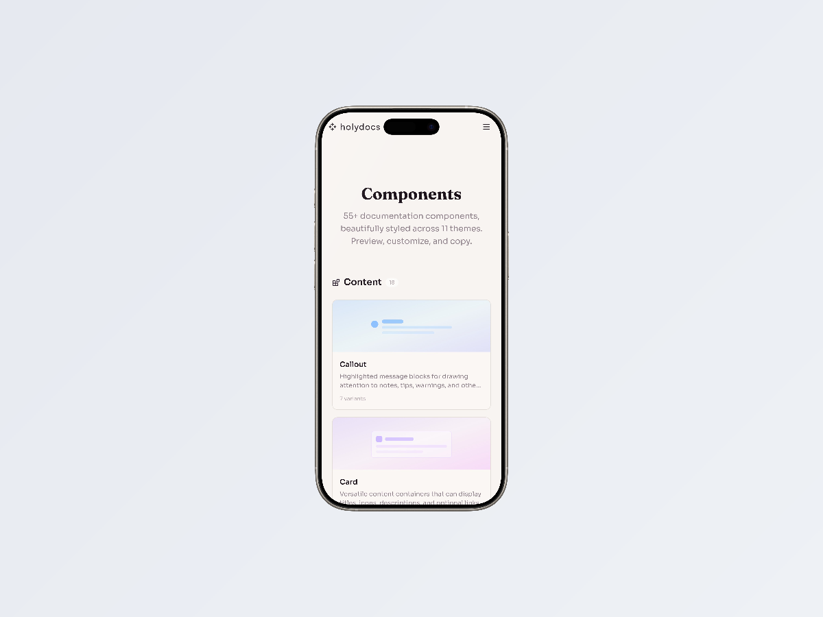 HolyDocs components page on mobile
