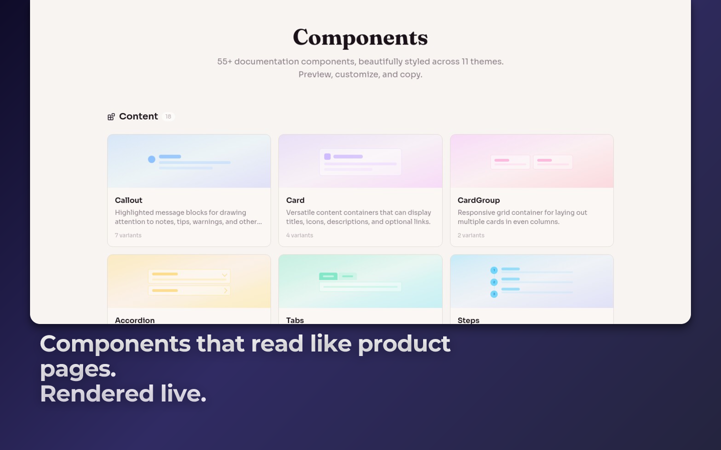 HolyDocs components screenshot with the story caption preset