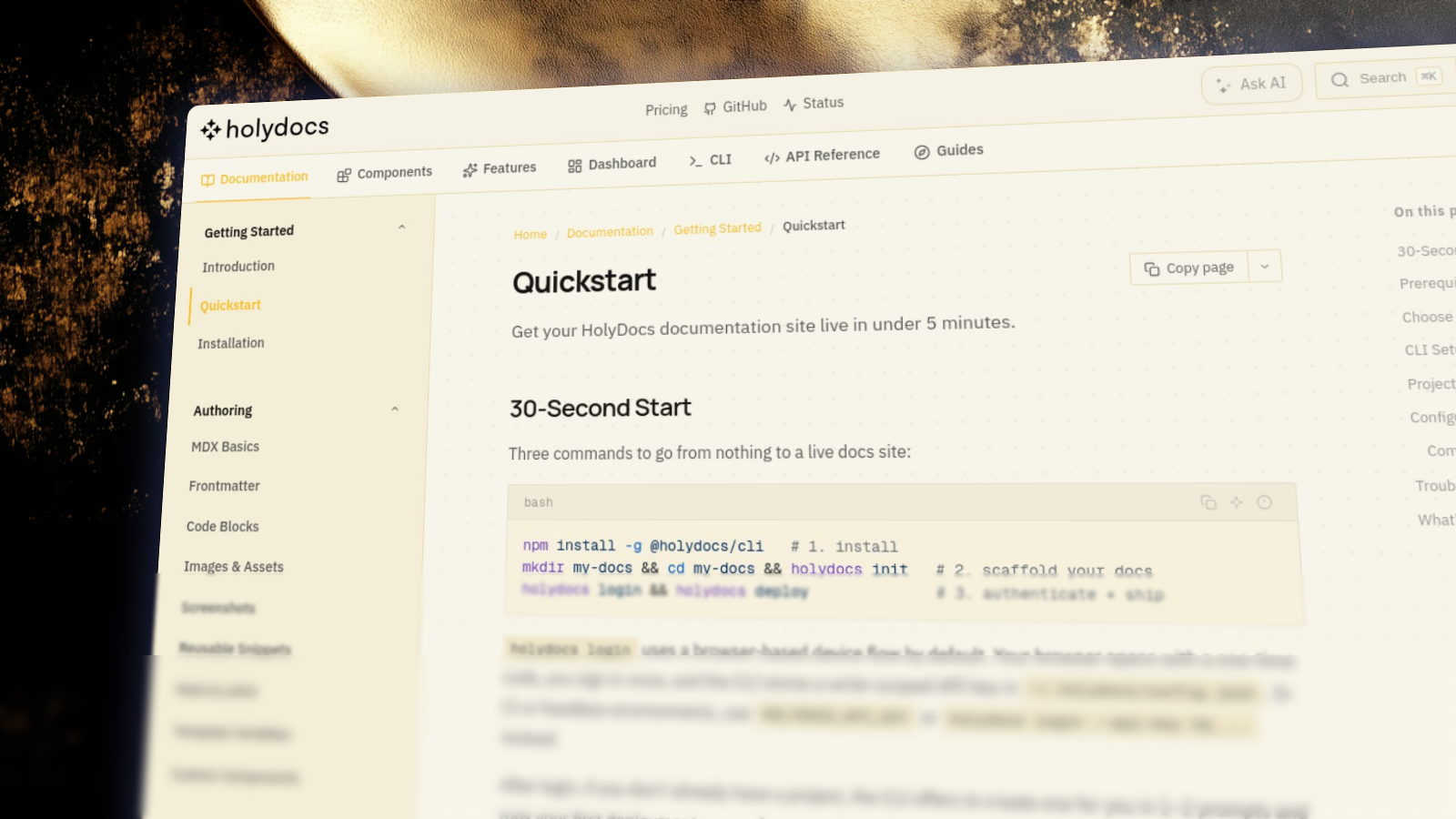 HolyDocs quickstart with a golden background