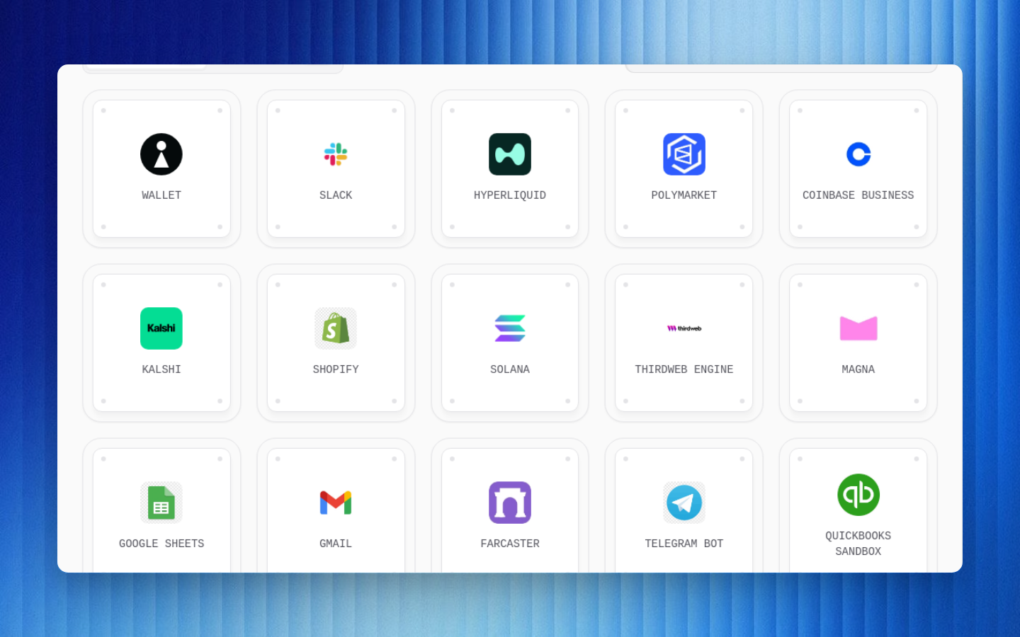 B3OS integration gallery showing available apps and providers