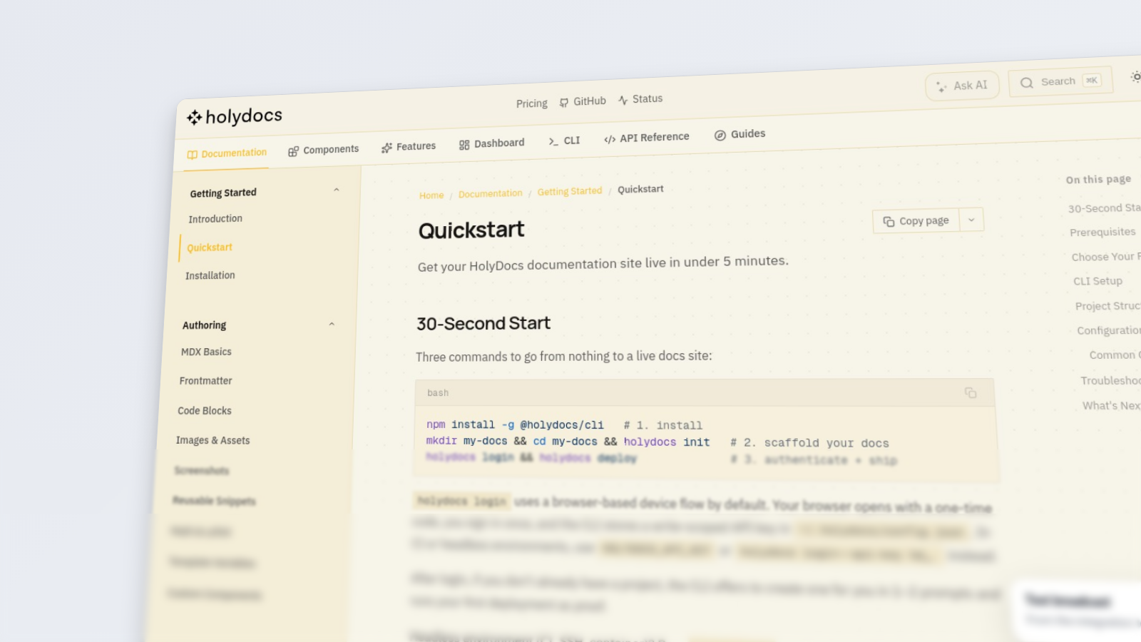HolyDocs quickstart rendered with the hero preset