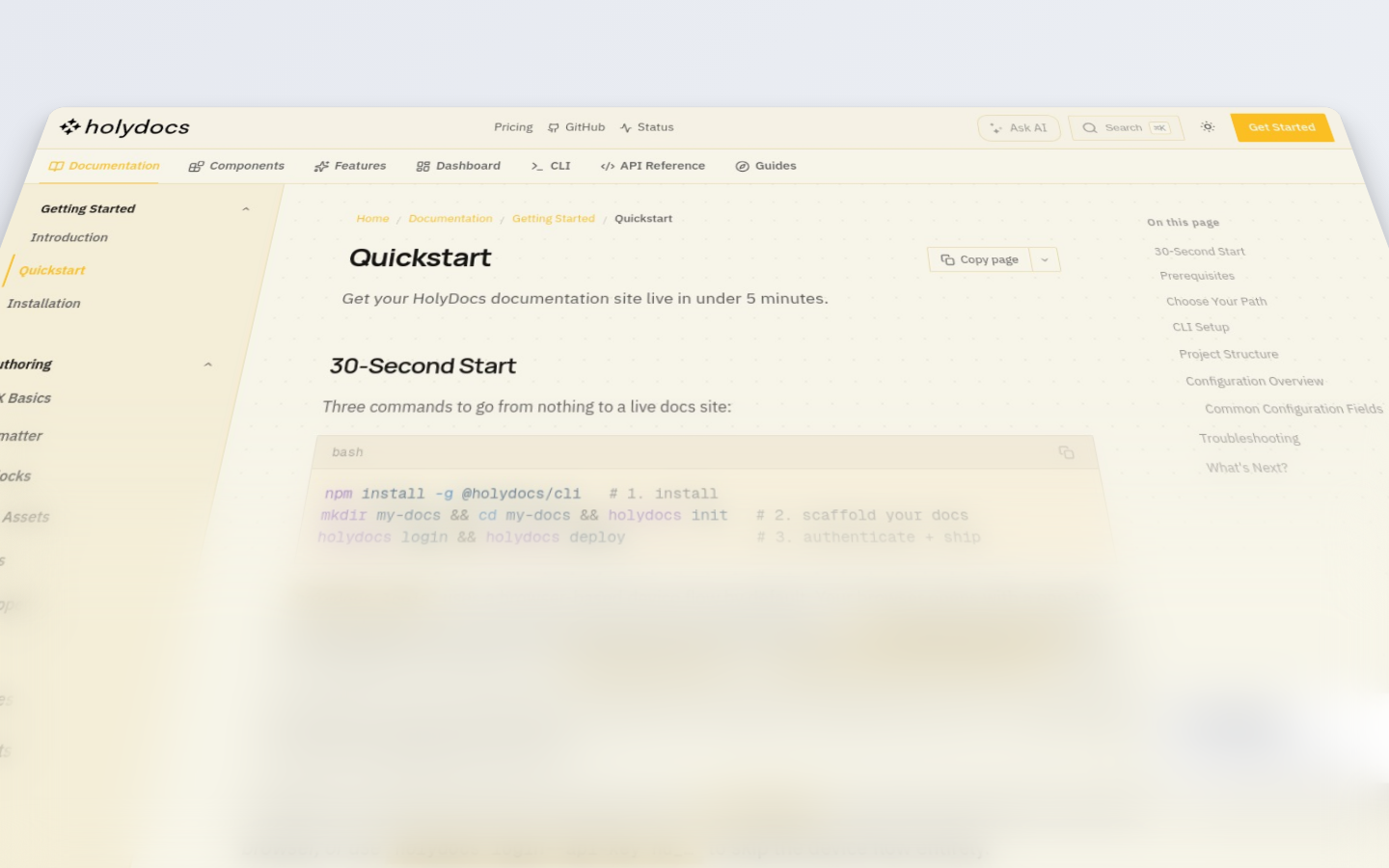 HolyDocs quickstart rendered with the cinematic preset