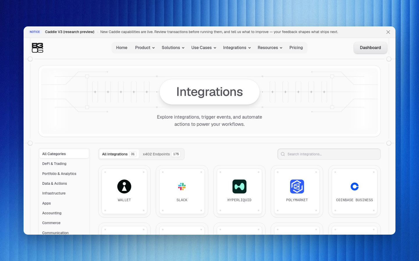 B3OS public integrations page showing available automation surfaces