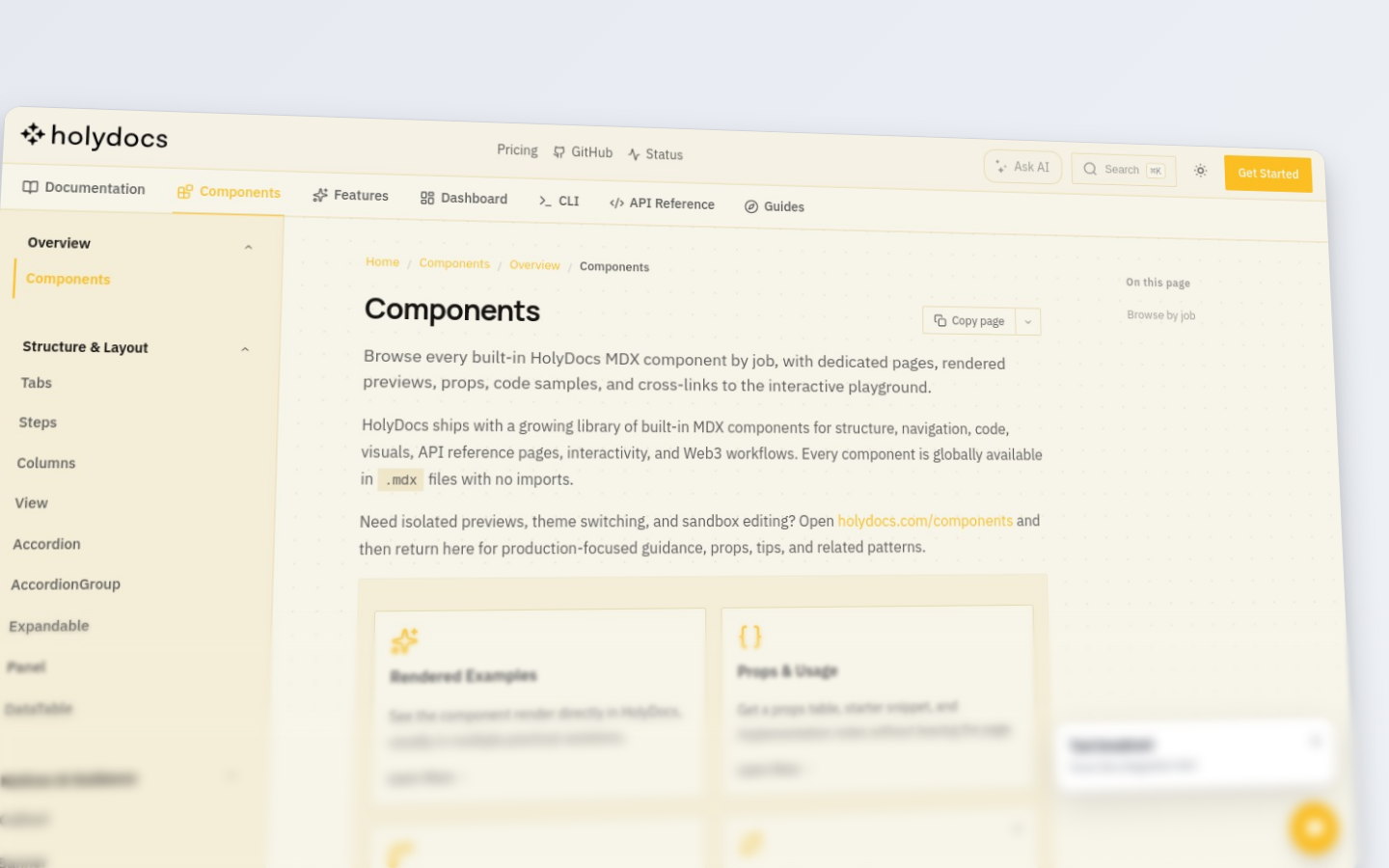 HolyDocs components documentation page