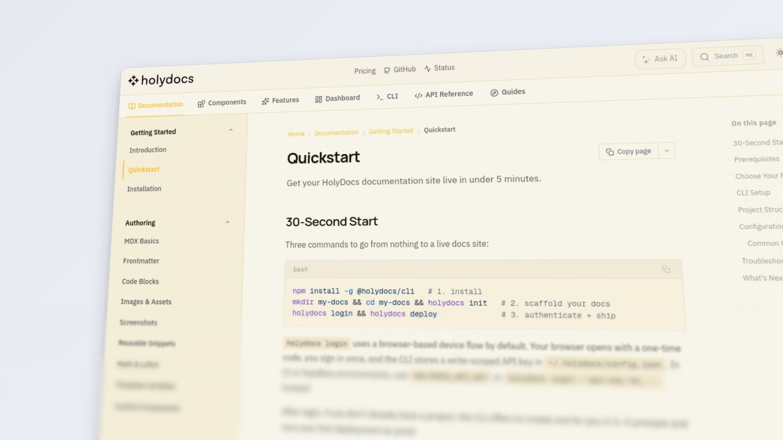 HolyDocs quickstart rendered with the hero preset