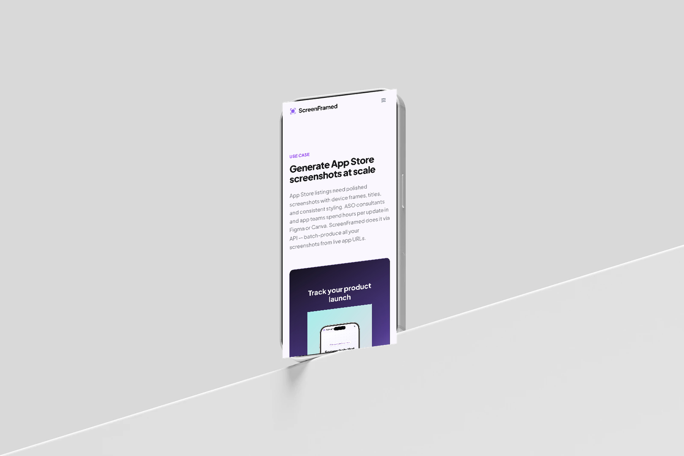 ScreenFramed app store screenshots use case page in a phone frame