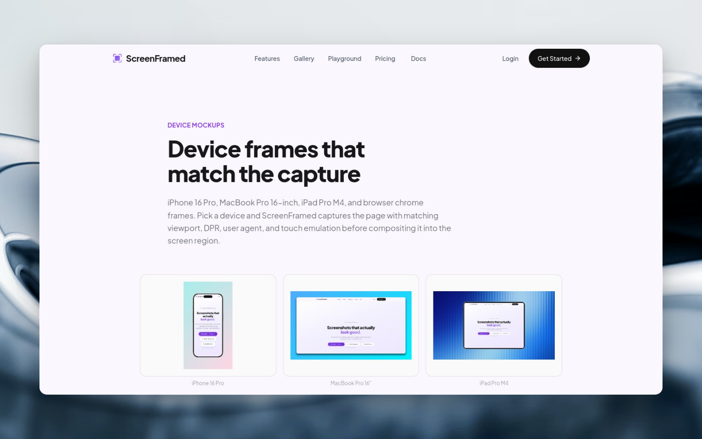Device mockups page captured with a floating shadow