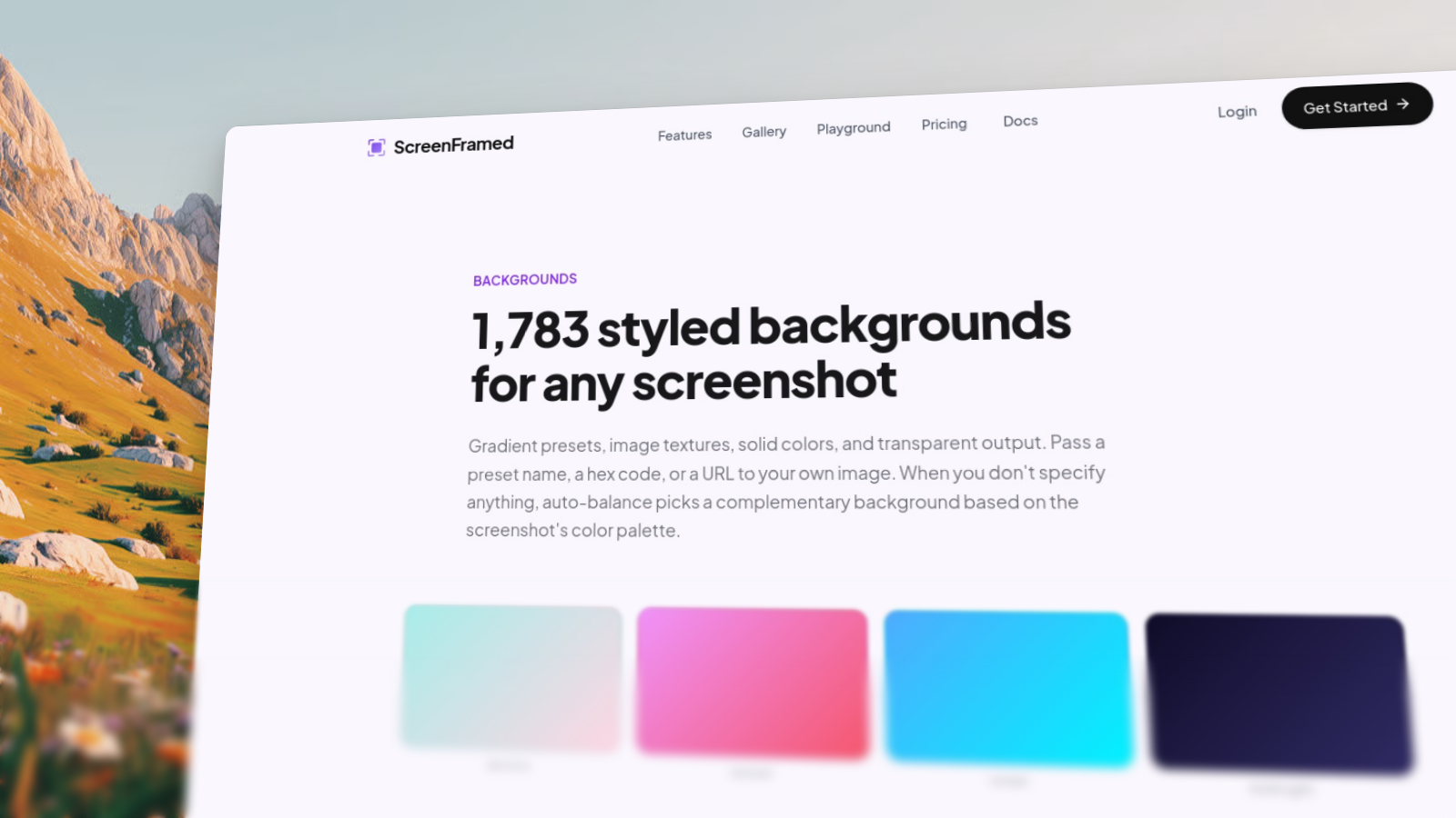 ScreenFramed backgrounds page rendered with a hero preset