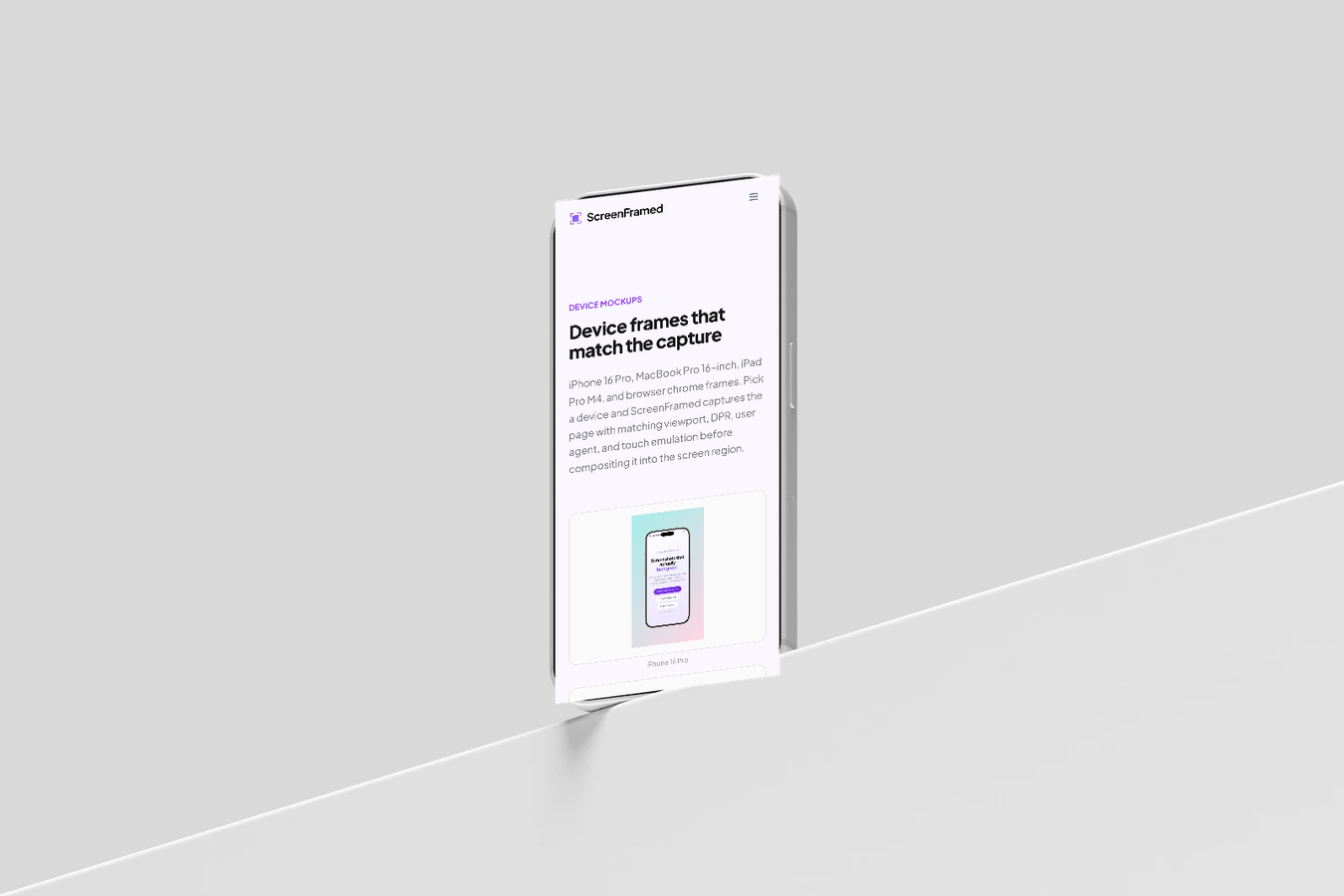 ScreenFramed device mockups page shown in an iPhone frame