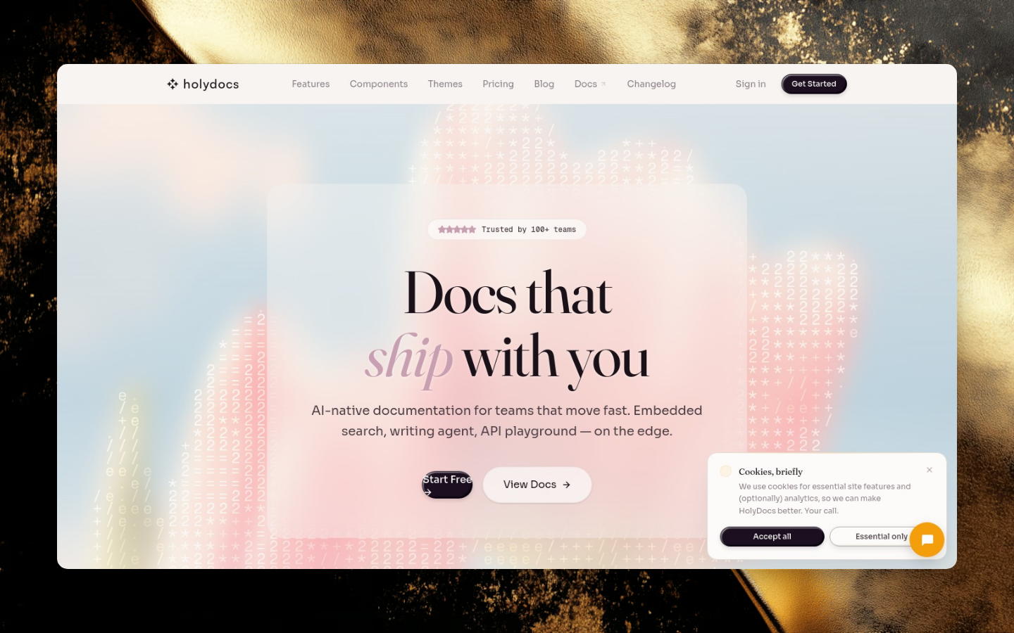 HolyDocs home page with a warm background