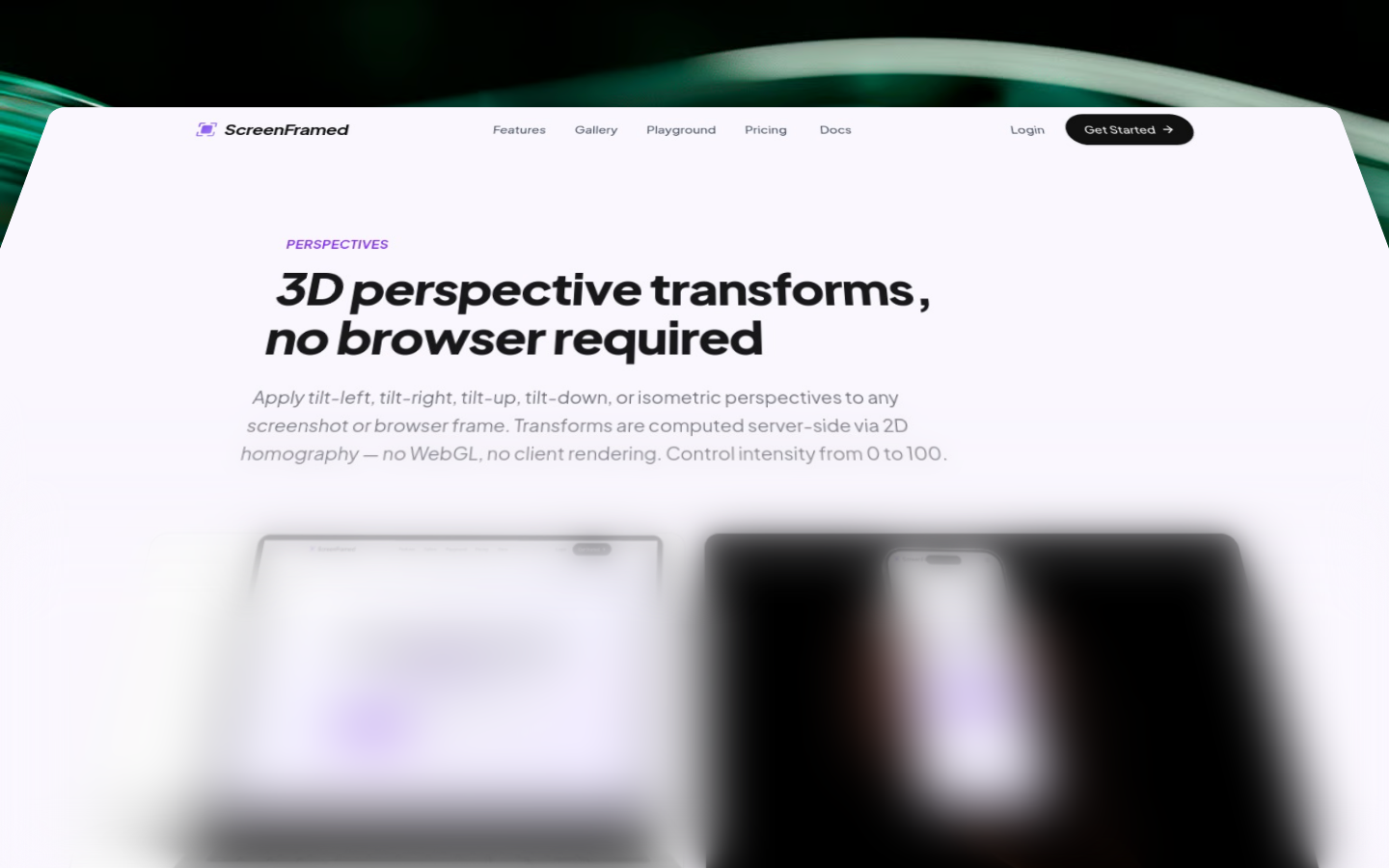 ScreenFramed perspectives page rendered with a cinematic camera preset