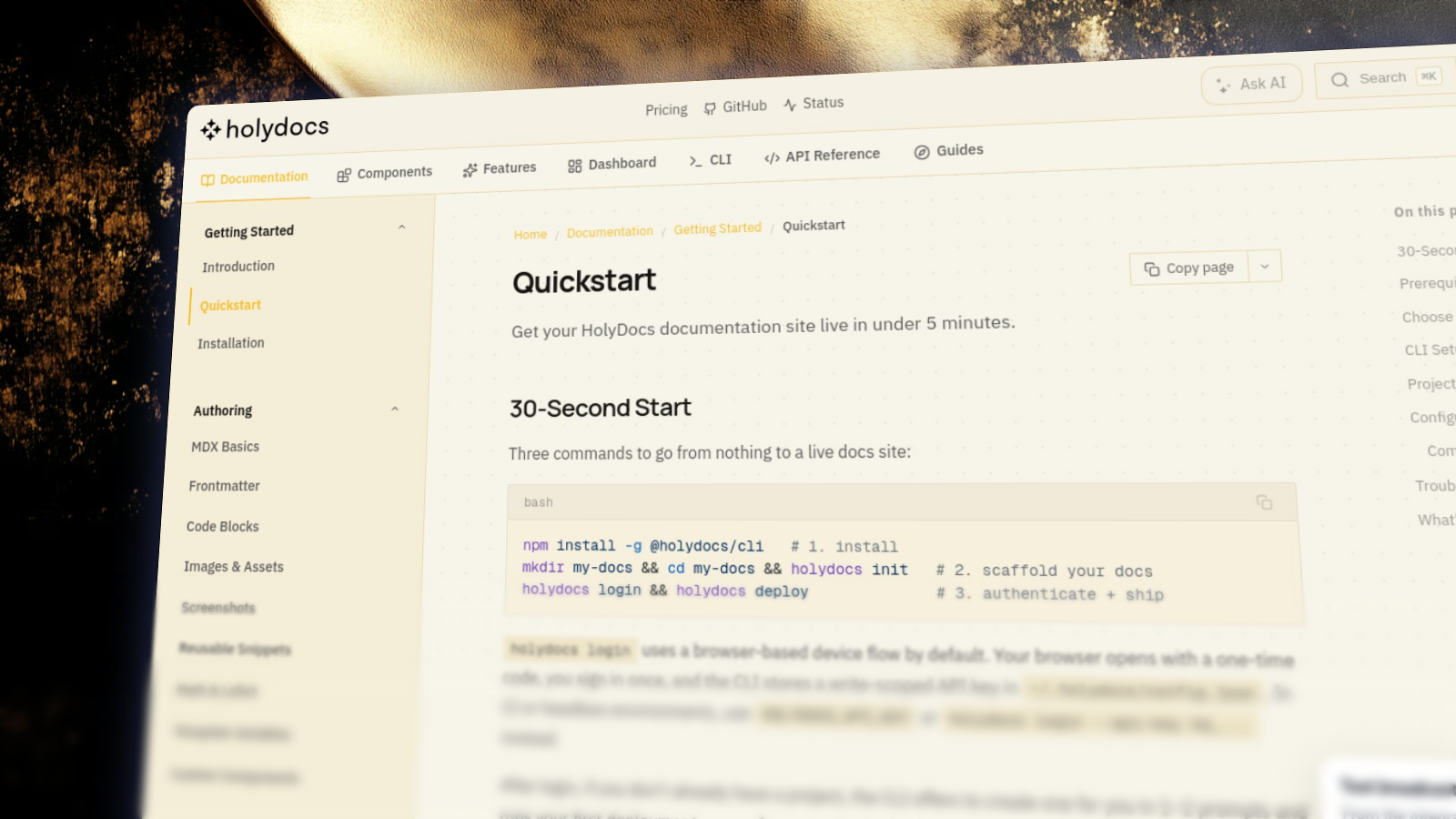 HolyDocs quickstart with a golden background