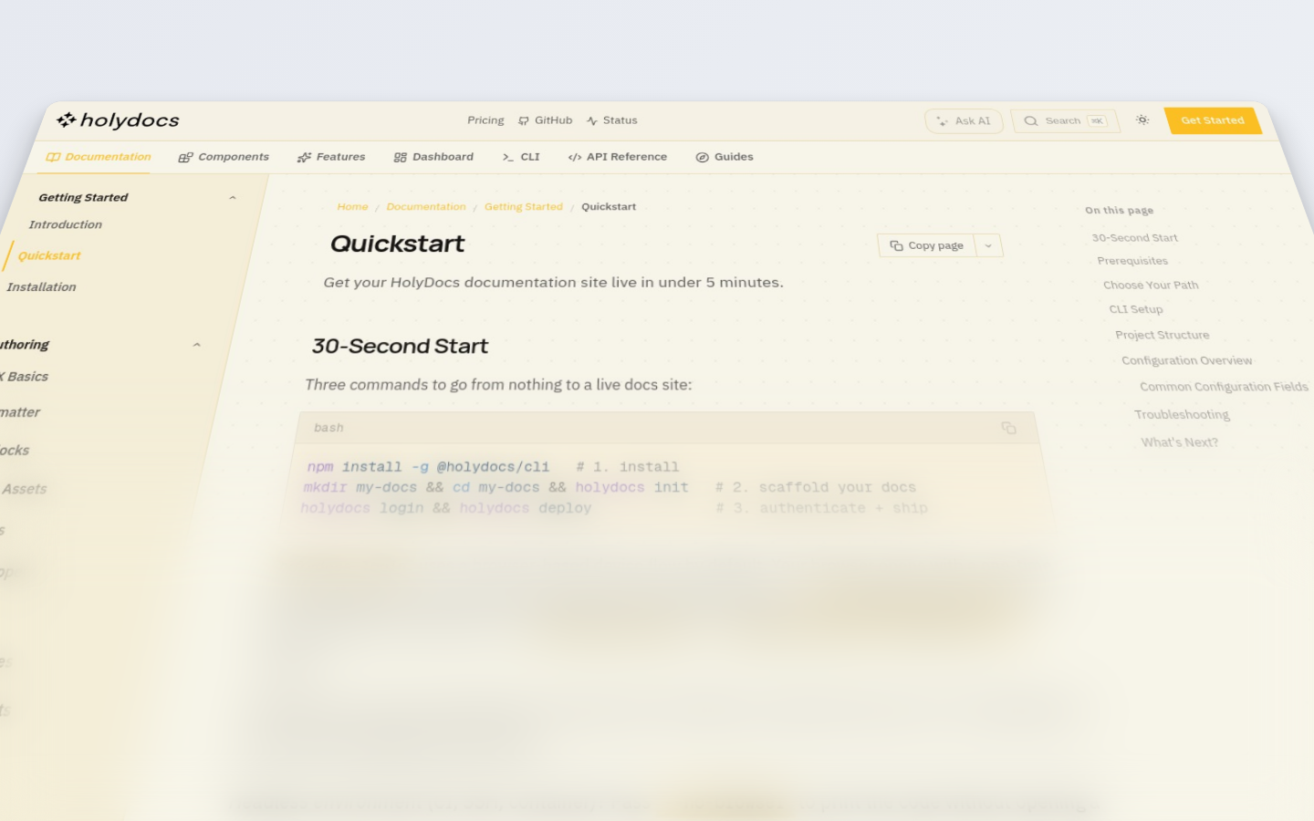 HolyDocs quickstart rendered with the cinematic preset