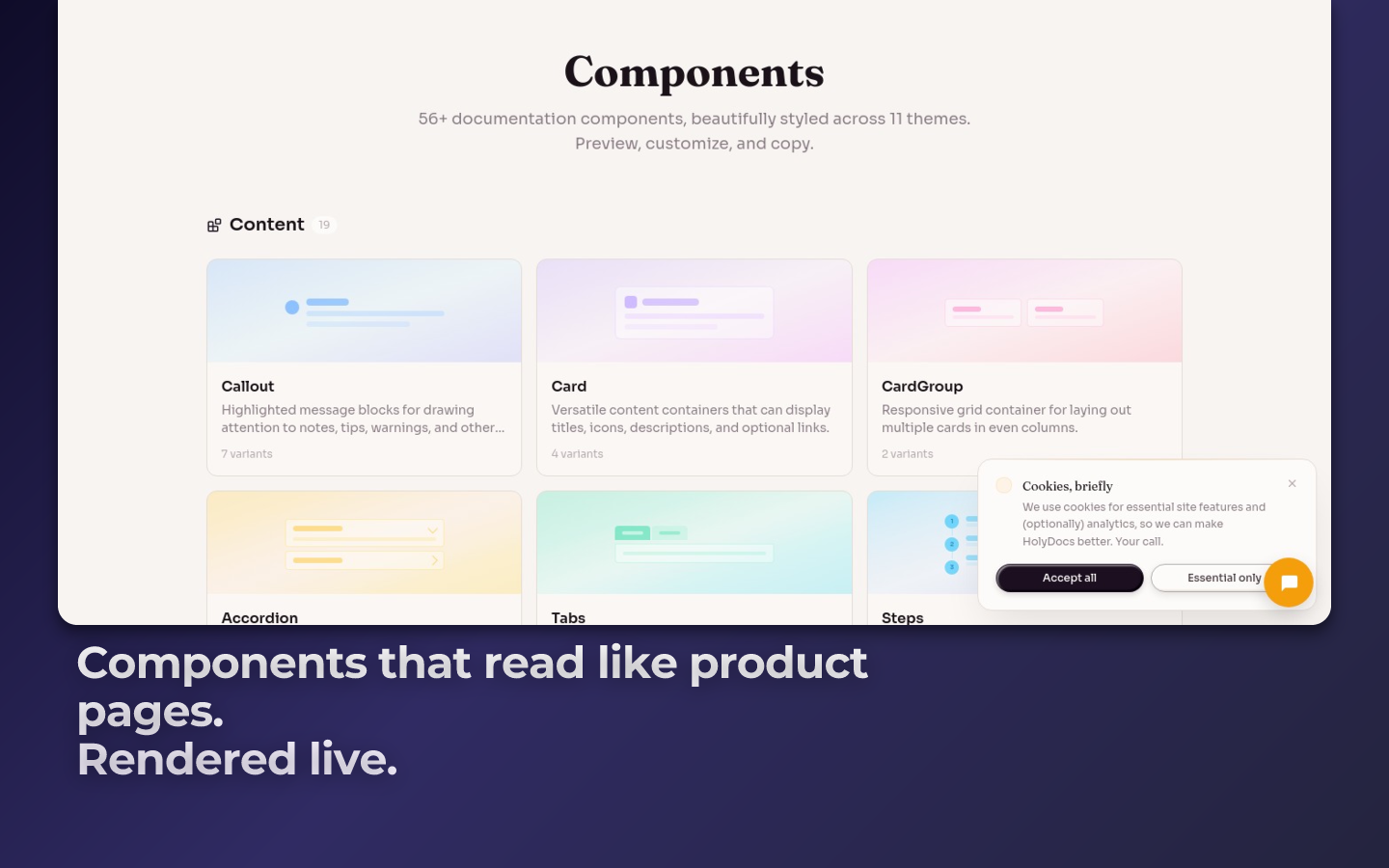 HolyDocs components screenshot with the story caption preset