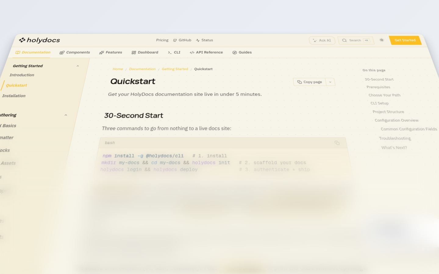HolyDocs quickstart rendered with the cinematic preset